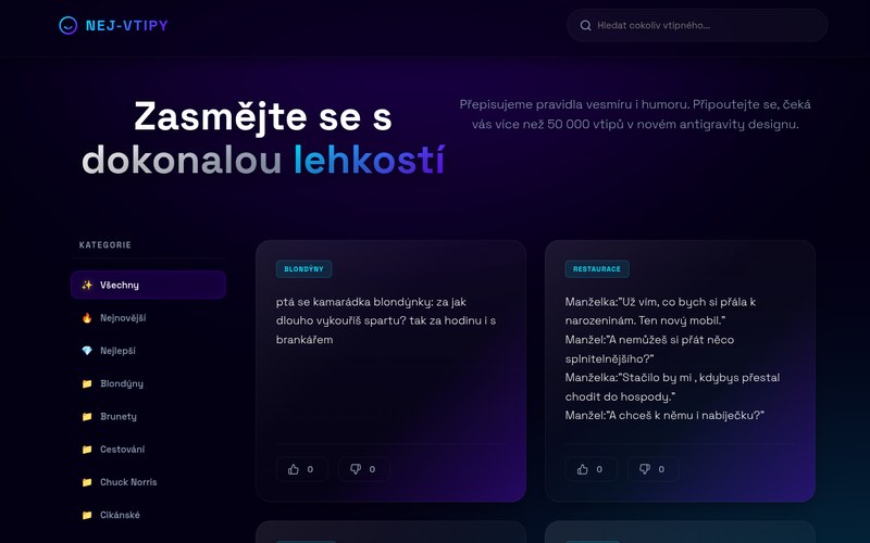 Screenshot webu nej-vtipy.cz — česká databáze vtipů s 50 000+ záznamy