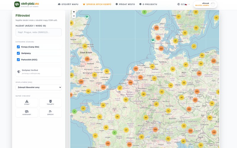 Screenshot aplikace Stellplatz.eu — interaktivní mapa kempů a stellplatzů v Evropě